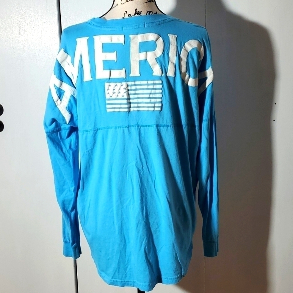 Basix of America- Light Blue " America " Spell Out  Longsleeve Shirt Women Sz.XL
